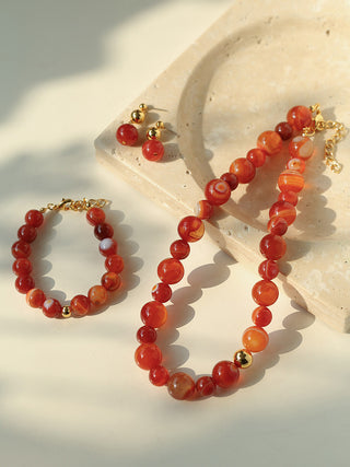 Patterned Red Agate Necklace, Bracelet, and Earrings Set - AROSÈ