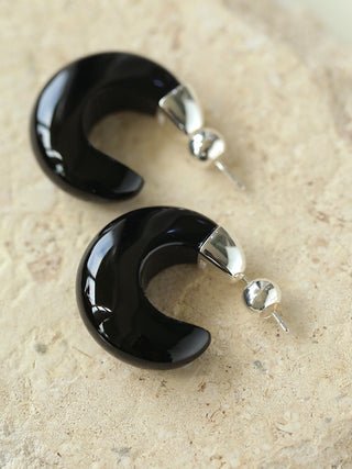 Silver Black Agate Crescent Moon Earrings - AROSÈ