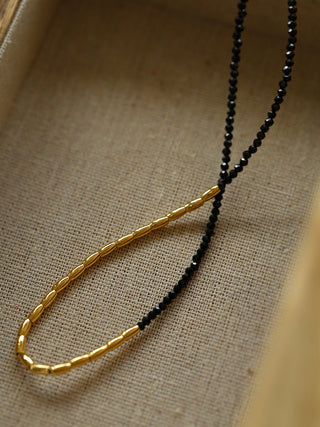 Beaded Neck Chain, Asymmetric Green Agate and Black Obsidian Pendant Necklace - AROSÈ