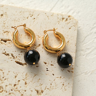 Black Agate Earrings Vintage Geometric Spherical Earrings - AROSÈ