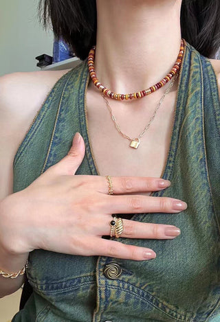 Merlot-Toned Natural Stone Bead Necklace - AROSÈ