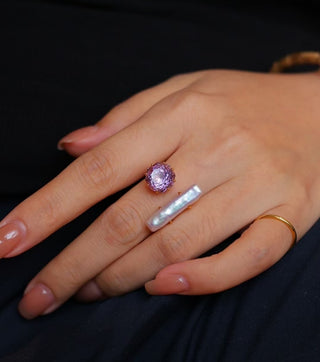 Natural Baroque and Amethyst Sterling Silver Open Ring - AROSÈ