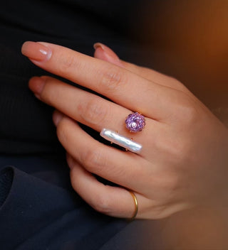 Natural Baroque and Amethyst Sterling Silver Open Ring - AROSÈ
