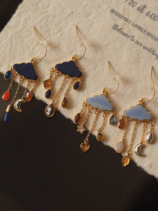 French Cloud Pendant Star & Moon Blue Apatite Gemstone Earrings - AROSÈ