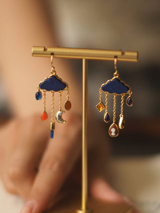 French Cloud Pendant Star & Moon Blue Apatite Gemstone Earrings - AROSÈ