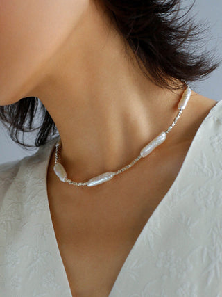 Long Bar Pearl and Silver Shard Necklace - AROSÈ
