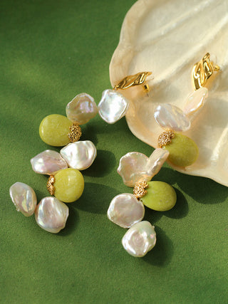 Artisanal Design Natural Jade Petal Pearl Earrings - AROSÈ