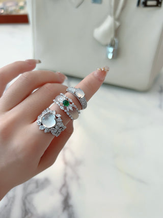 Pure and Translucent-Sterling Silver Set with Transparent Water Foam Jade Ring - Natural Beauty Series
